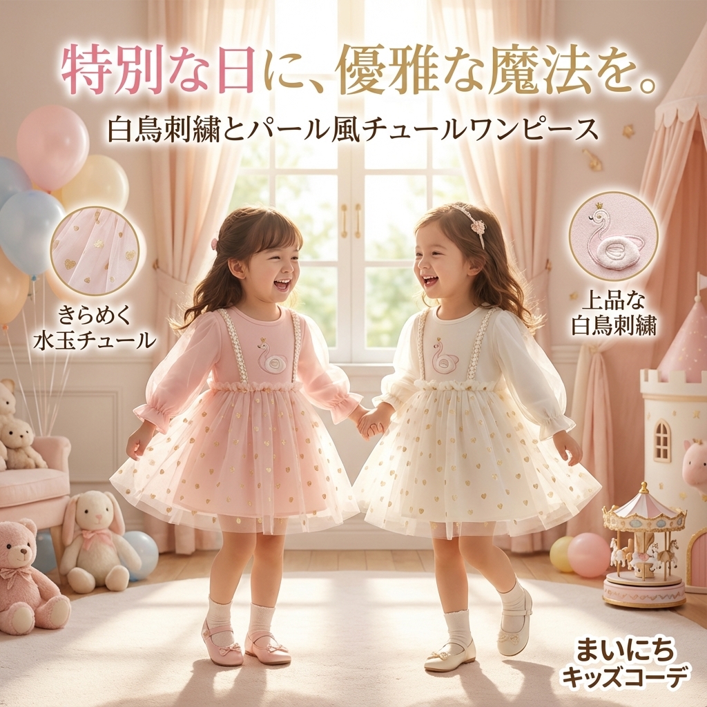 キッズファッション 白鳥刺繍とパール風飾り付きチュールワンピース - 商品イメージ