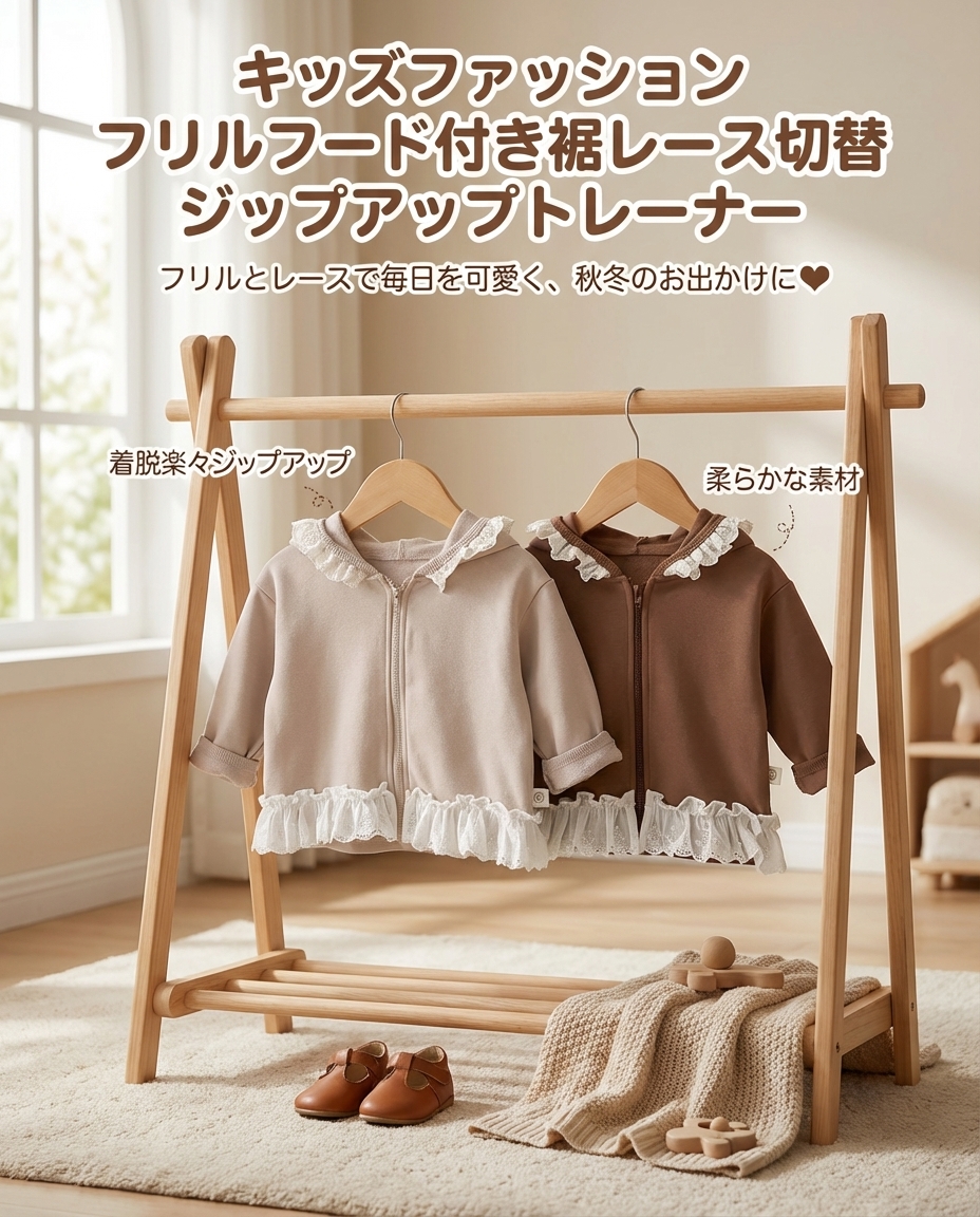 キッズファッション フリルフード付き裾レース切替ジップアップトレーナー - 商品イメージ