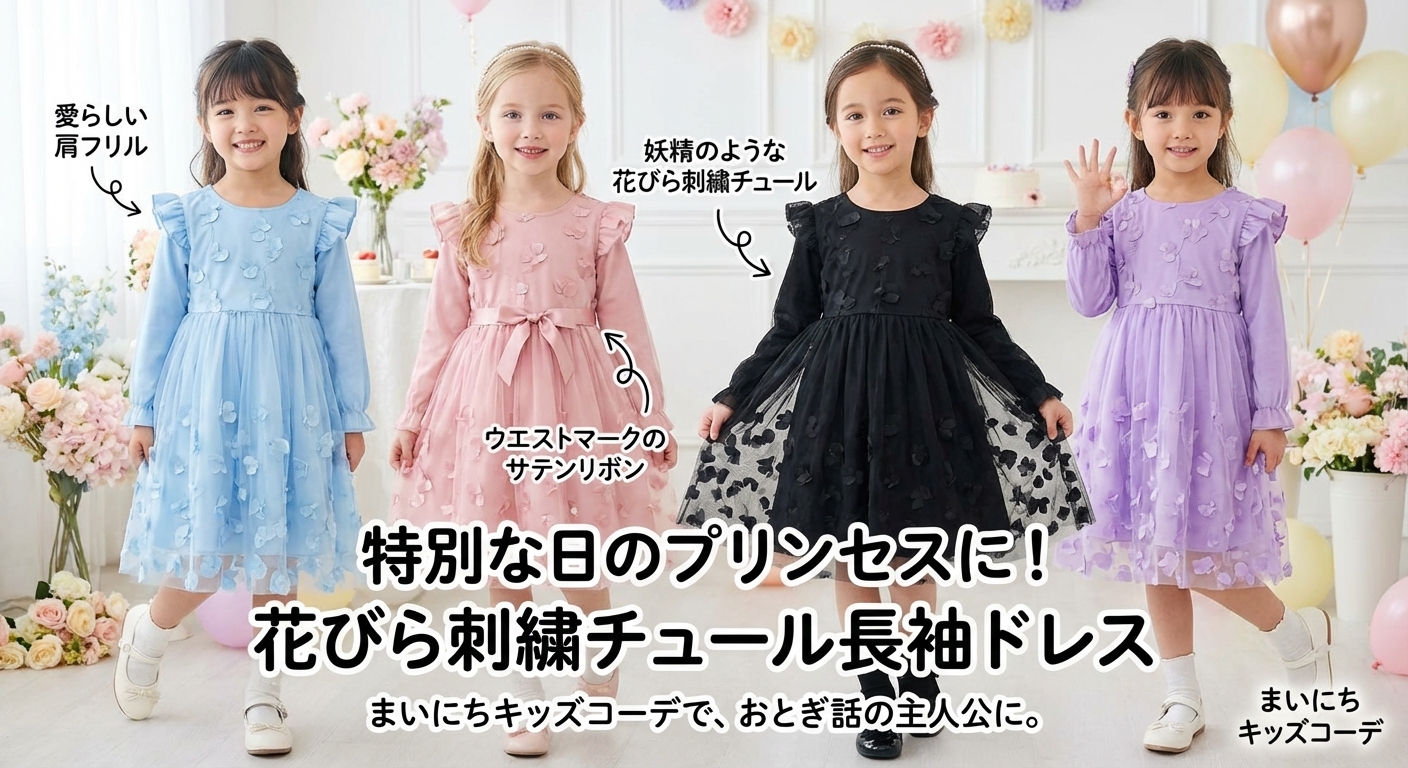 キッズファッション 花びら刺繍チュールの長袖プリンセスドレス - デザインのポイント