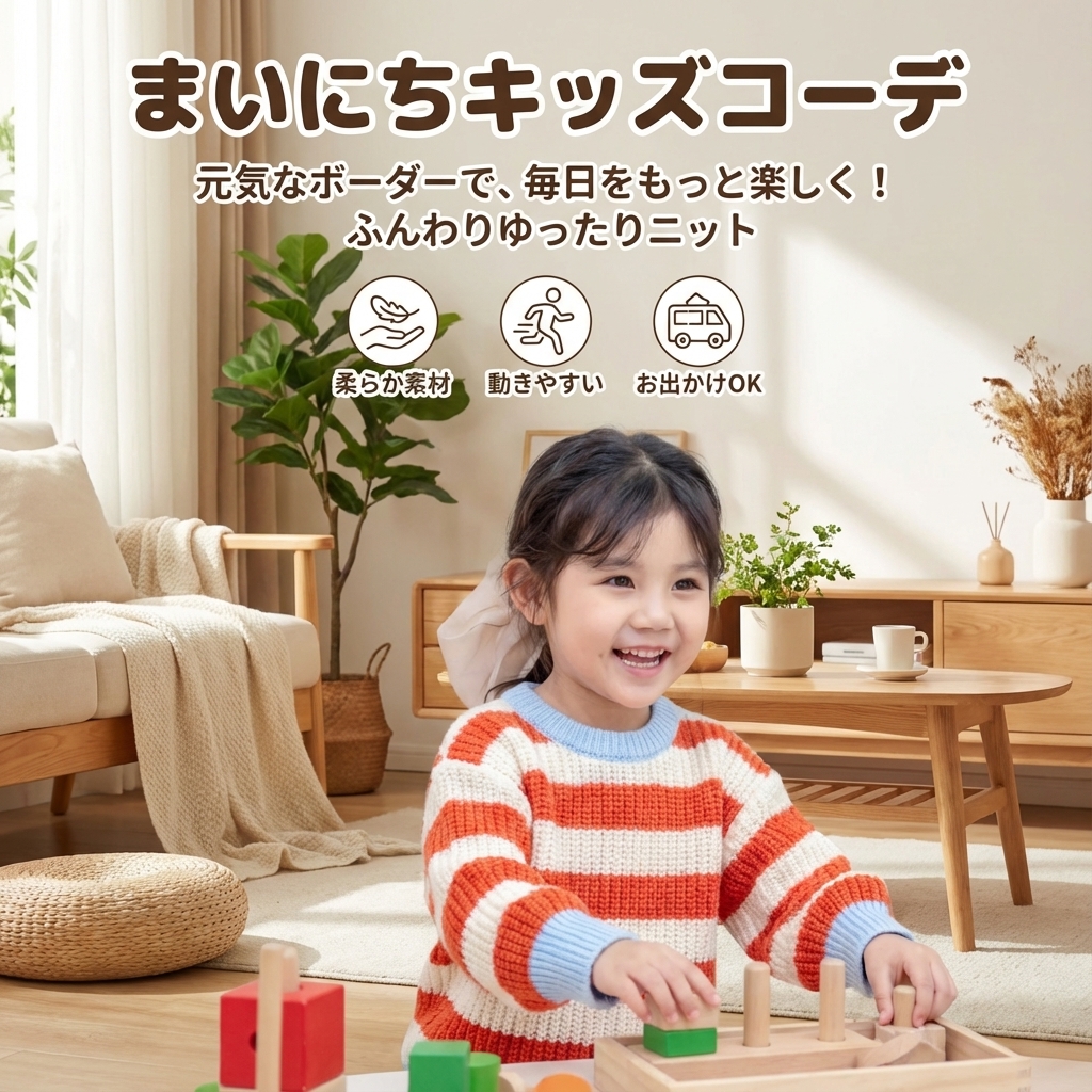 キッズファッション 太ボーダー柄ゆったりクルーネックニットセーター - 商品イメージ