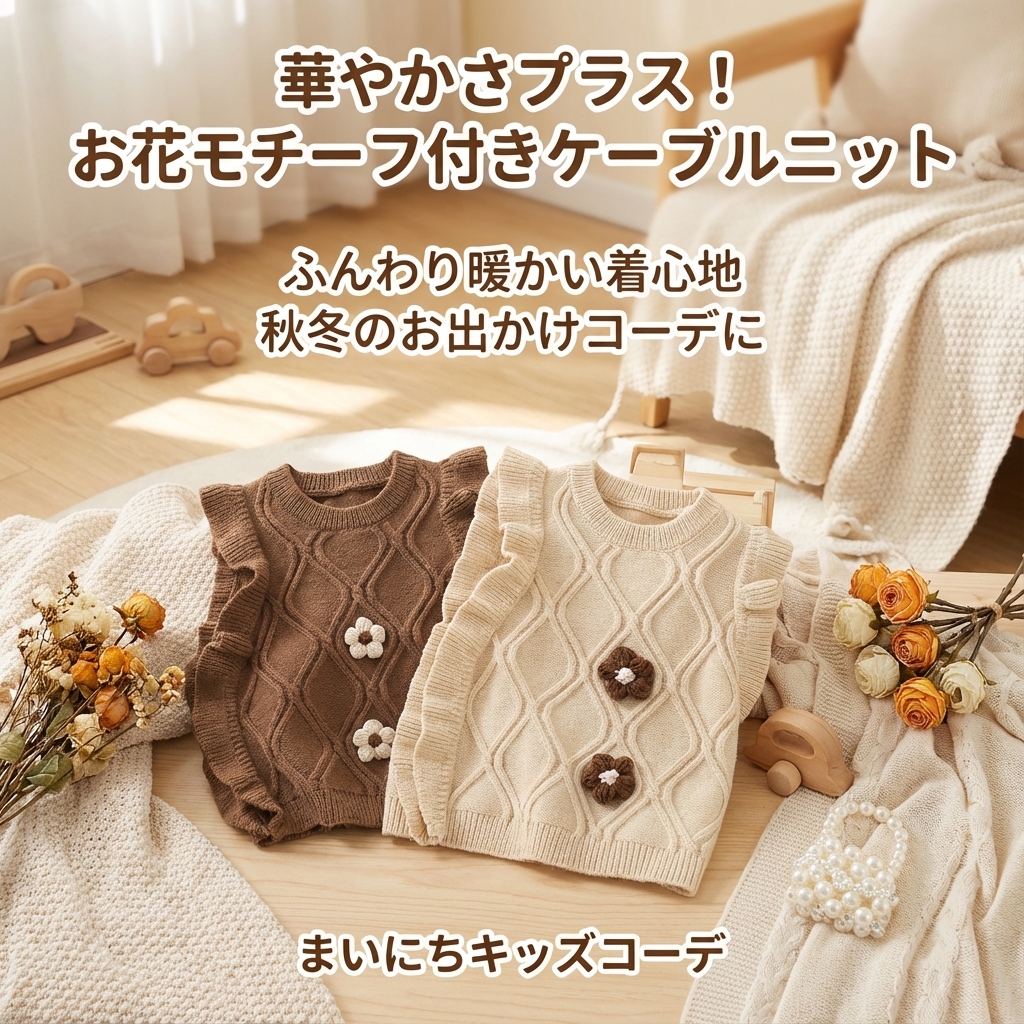 キッズファッション 立体ケーブル編みお花モチーフ付きニットセーター - 商品イメージ