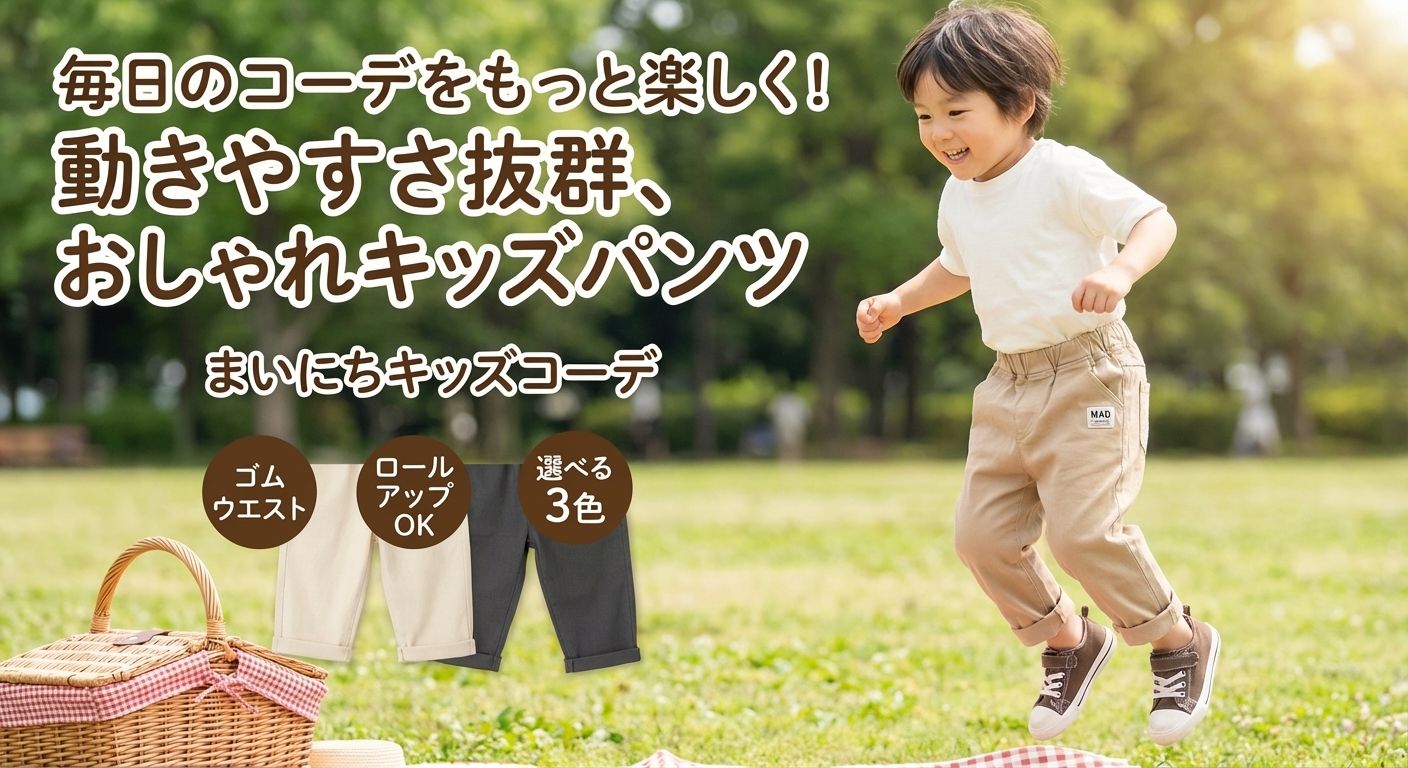 キッズファッション 後ろポケット付きゴムウエストロールアップパンツ - 商品イメージ