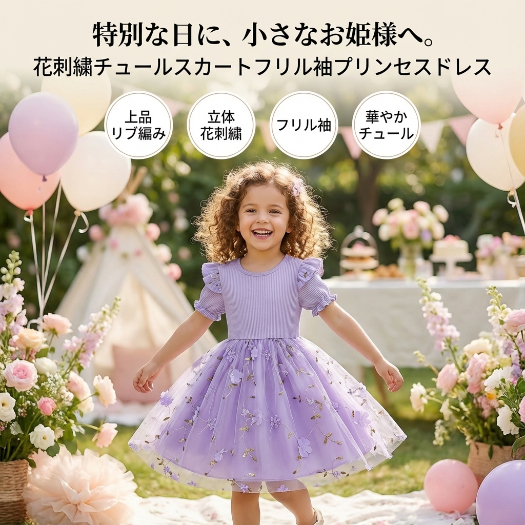 キッズファッション 花刺繍チュールスカートフリル袖プリンセスドレス - 商品イメージ