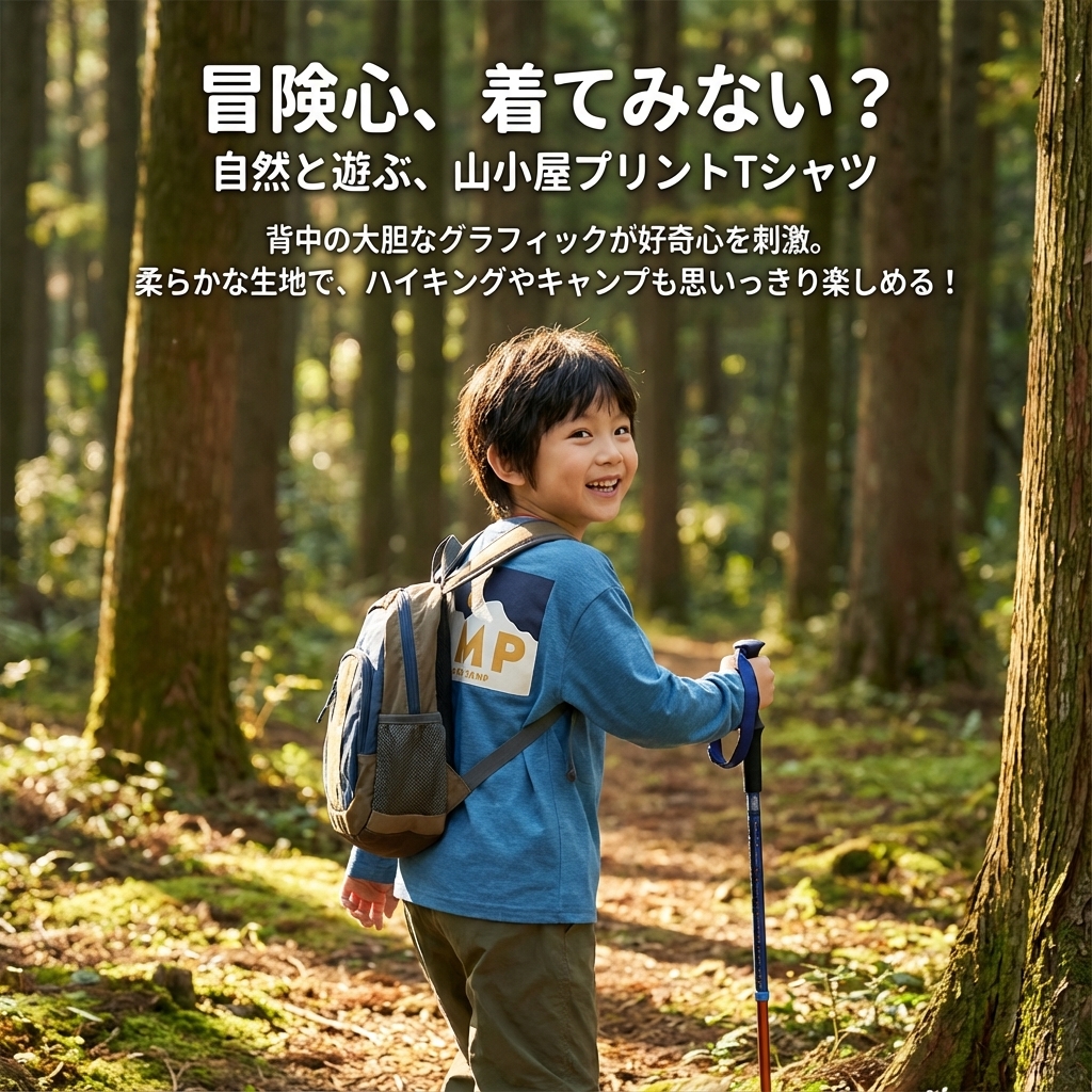 キッズファッション アウトドア冒険山小屋プリント長袖Tシャツ - 商品イメージ