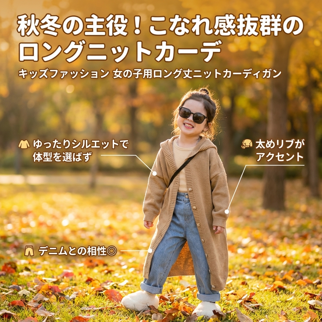 キッズファッション 女の子用ロング丈ニットカーディガン - 商品イメージ