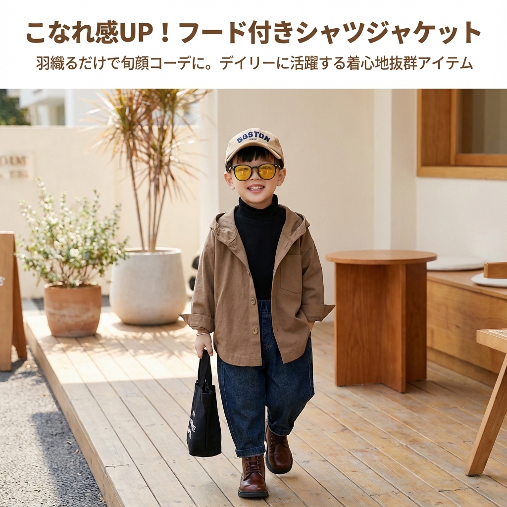 キッズファッション フード付きボタン留めオーバーサイズシャツジャケット - 商品イメージ