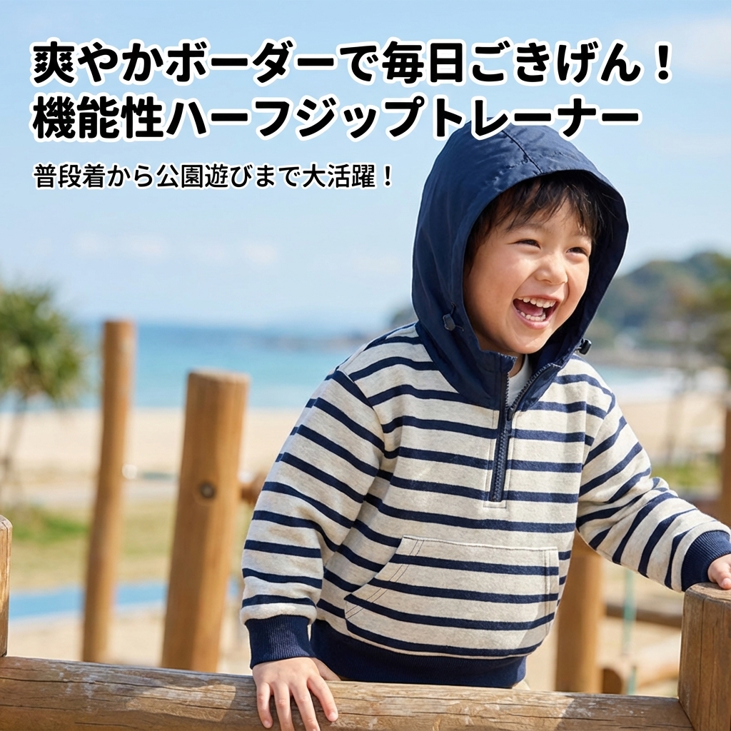 キッズファッション マリンボーダー柄フード付きハーフジップトレーナー - 商品イメージ