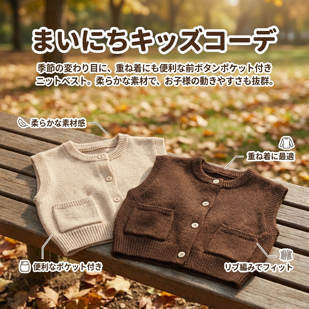 キッズファッション 前ボタンポケット付きニットベスト - 商品イメージ