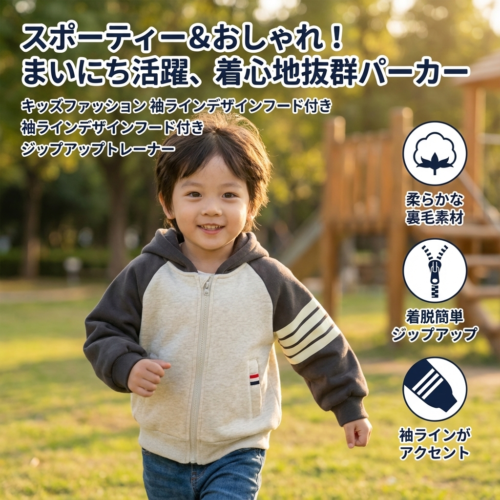 キッズファッション 袖ラインデザインフード付きジップアップトレーナー - 商品イメージ