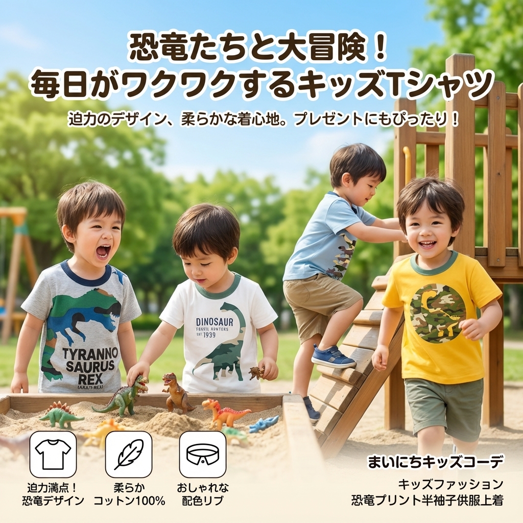 キッズファッション 恐竜プリント半袖子供服上着 - 商品イメージ