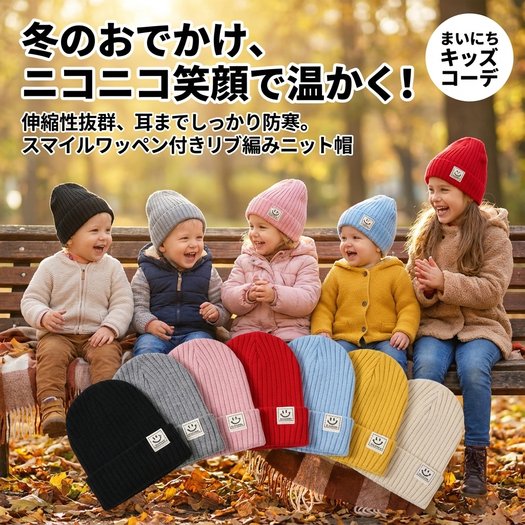 キッズファッション スマイル刺繍ワッペン付きリブ編みニット帽 - 商品イメージ