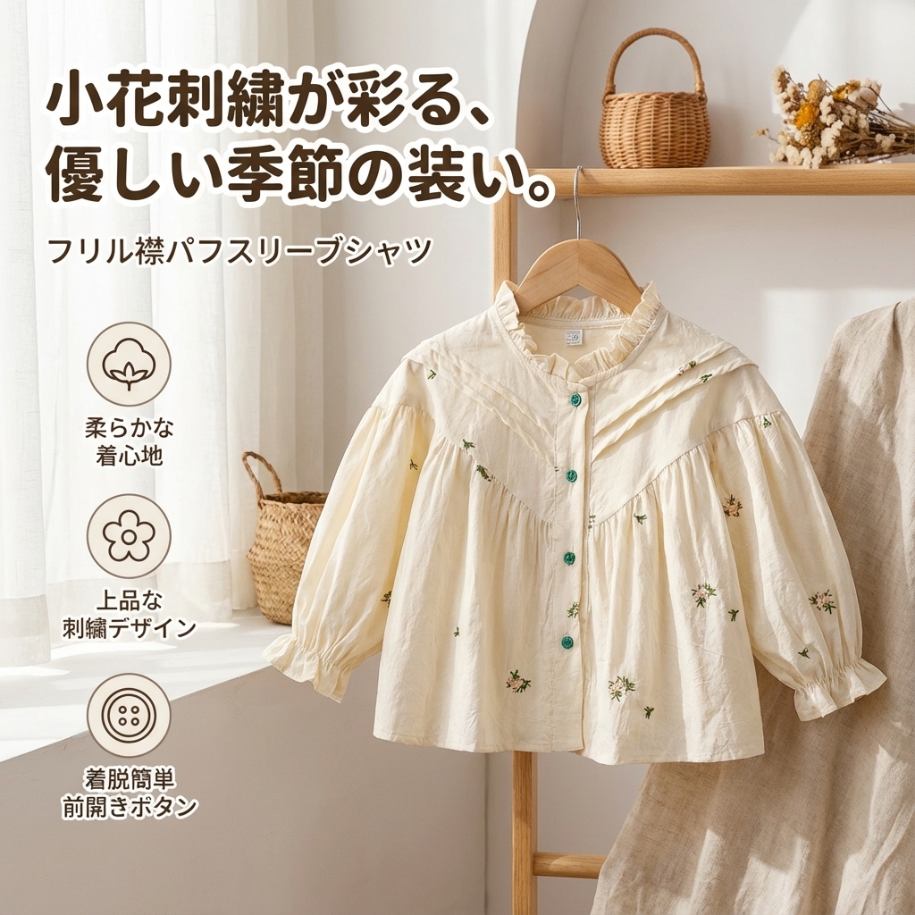キッズファッション 小花刺繍のフリル襟パフスリーブシャツ - 商品イメージ