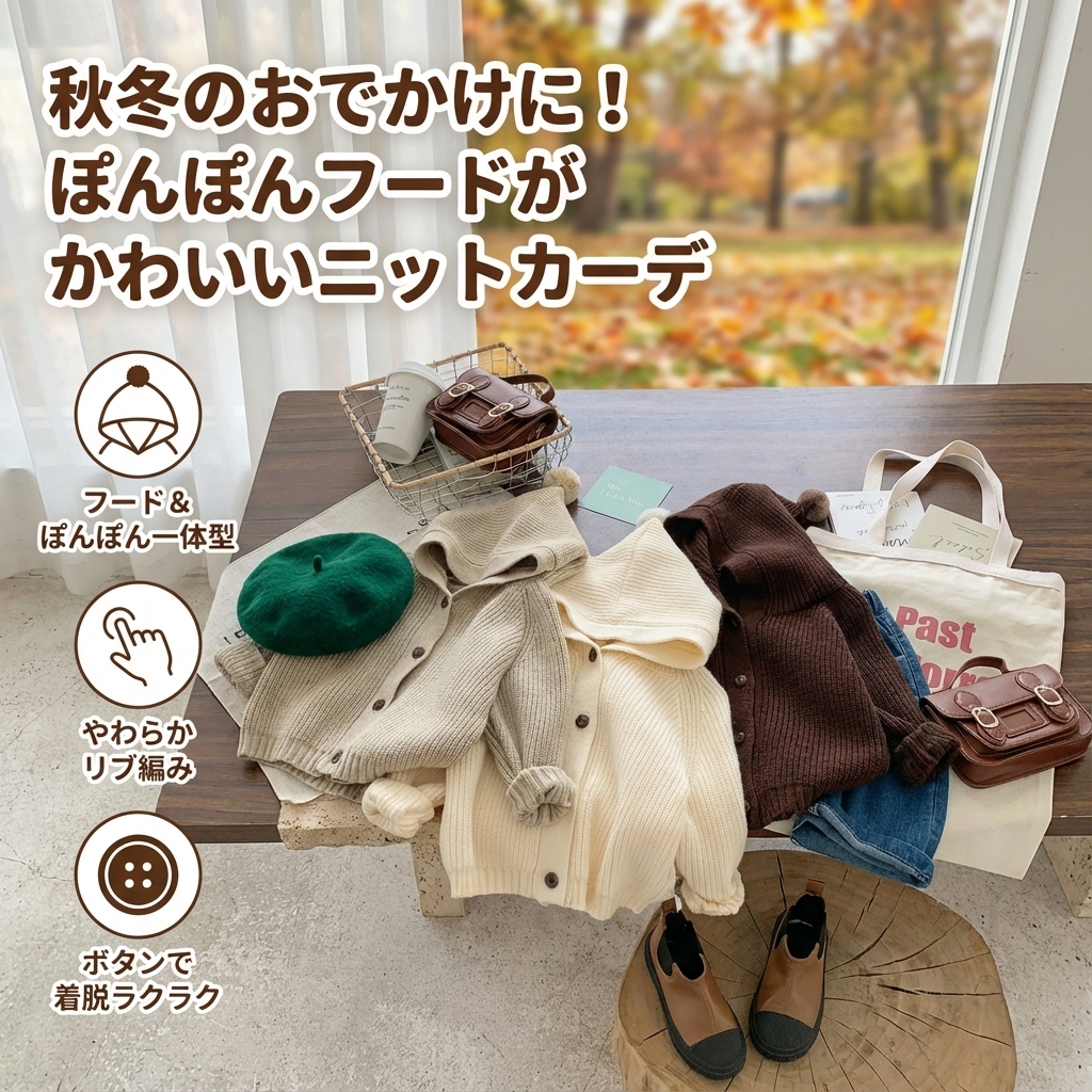 キッズファッション ぽんぽん付きフード一体型ニットカーディガン - 商品イメージ