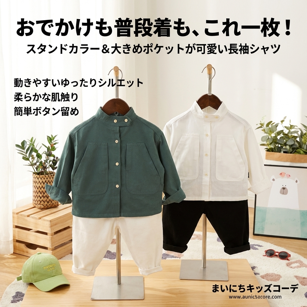 キッズファッション 大きめポケット付きスタンドカラー長袖シャツ - 商品イメージ
