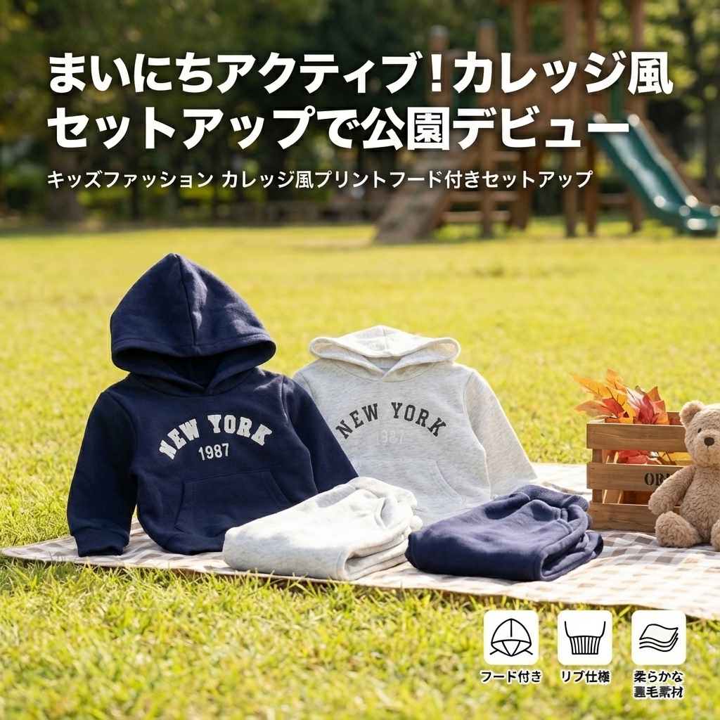 キッズファッション カレッジ風プリントフード付きセットアップ - 商品イメージ