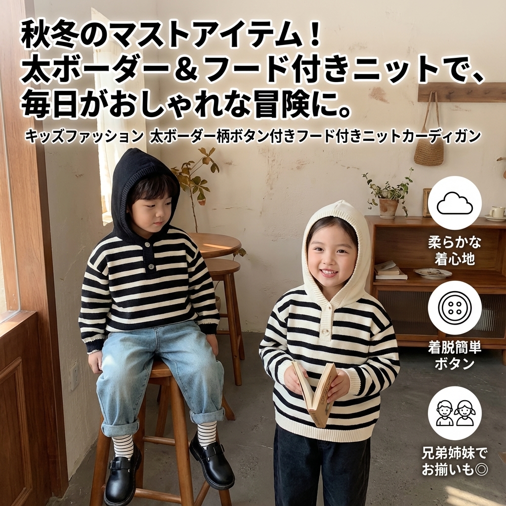 キッズファッション 太ボーダー柄ボタン付きフード付きニットカーディガン - 商品イメージ