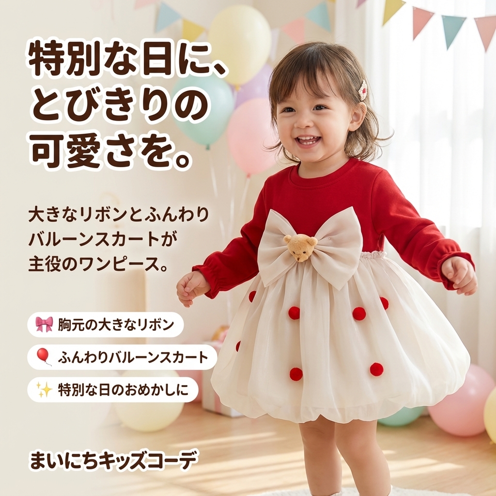 キッズファッション 大きなリボンと丸飾り付きバルーンスカートワンピース - 商品イメージ