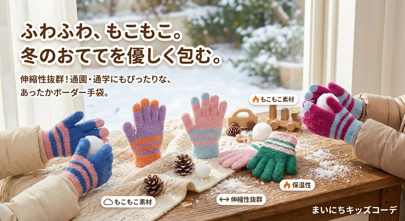 キッズファッション もこもこボーダー手袋キッズ用防寒ニット手袋 - 商品イメージ