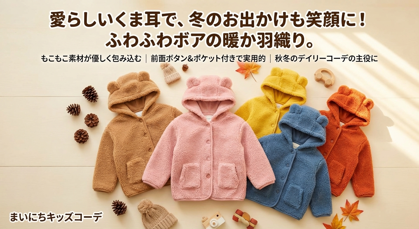 キッズファッション くま耳付きもこもこボアフード羽織りニット - 商品イメージ