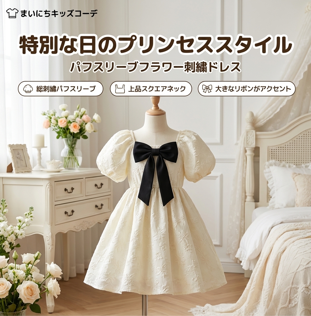 キッズファッション パフスリーブフラワー刺繍リボン付きプリンセスドレス - 商品イメージ