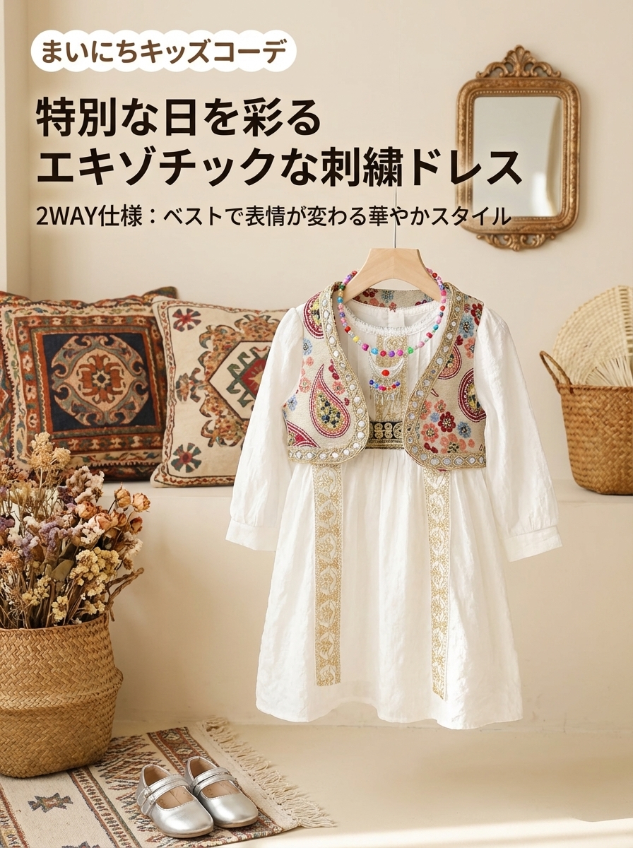キッズファッション 民族調刺繍ベスト付き長袖ワンピースドレス - 商品イメージ