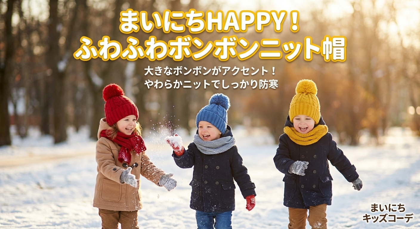 キッズファッション ふわふわボンボン付きキッズニット帽 - 商品イメージ