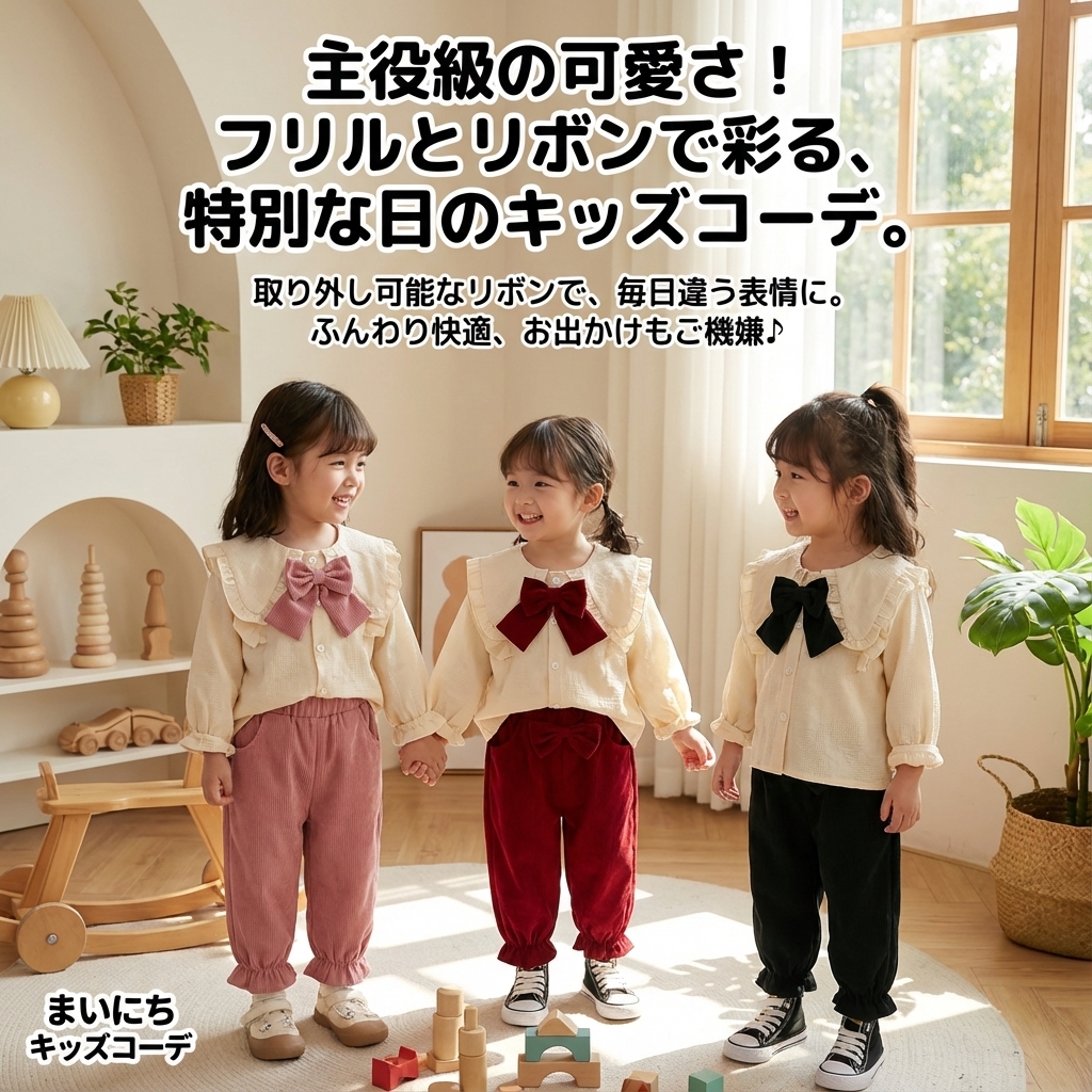 キッズファッション フリル襟付き大きなリボン飾りシャツ - 商品イメージ