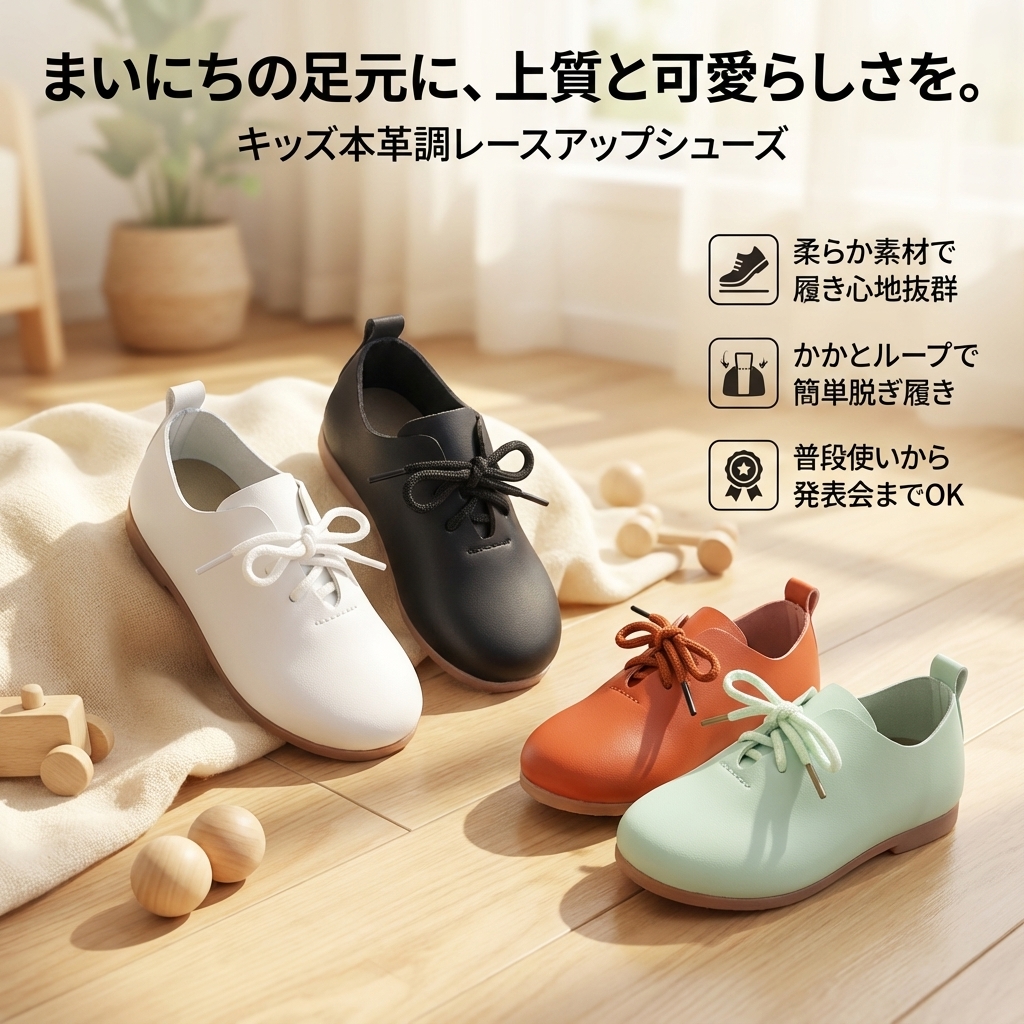 キッズファッション キッズ本革調レースアップシューズ - 商品イメージ