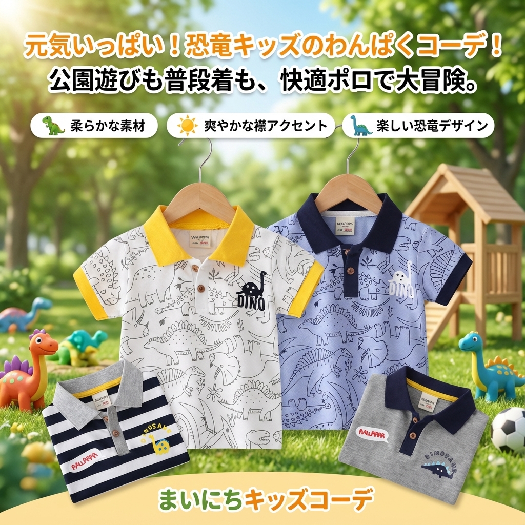 キッズファッション 恐竜柄ポロシャツ風半袖トップス - 商品イメージ