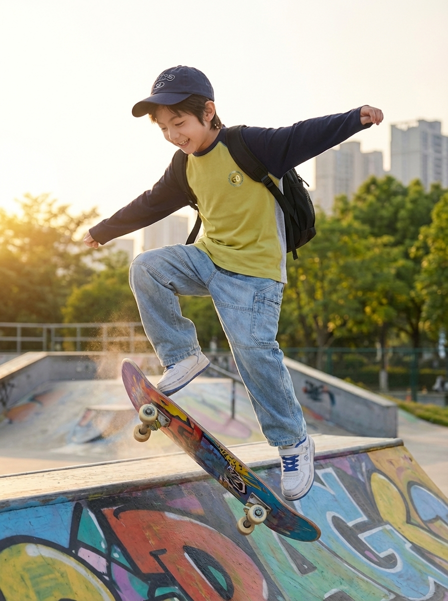 キッズファッション ナンバー刺繍入り配色切り替え長袖Tシャツ - 商品イメージ