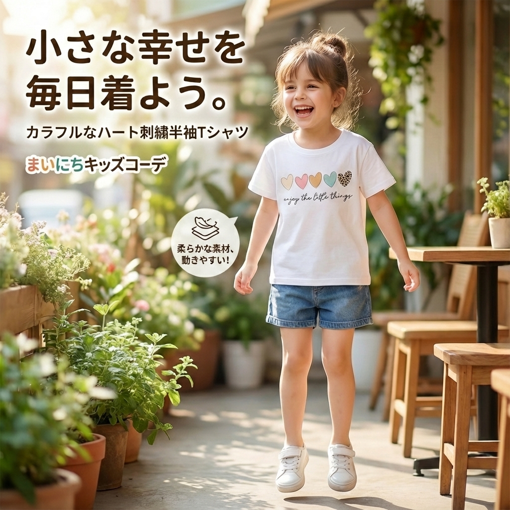 キッズファッション 小さな幸せハート刺繍半袖Tシャツ - 商品イメージ