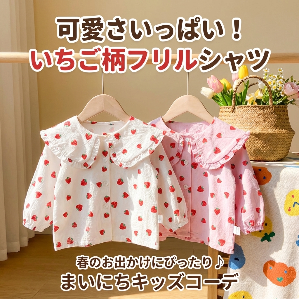 キッズファッション いちご柄フリル襟長袖シャツ - 商品イメージ