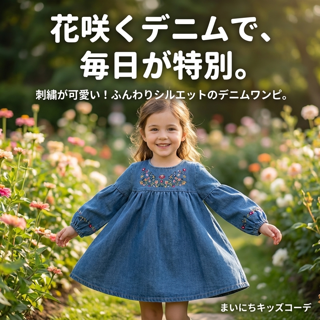 キッズファッション 花刺繍デニム生地の長袖ワンピース - 商品イメージ