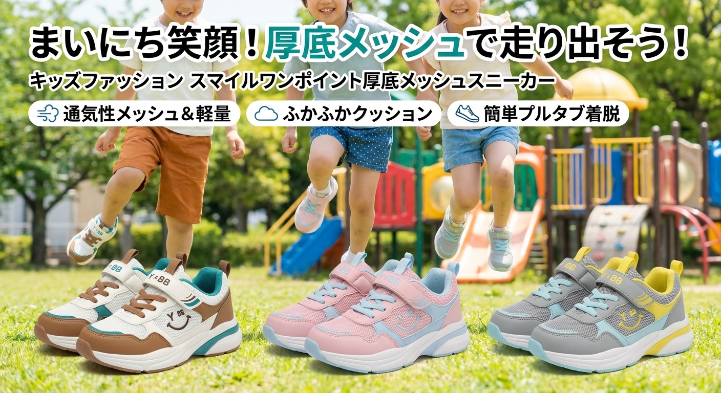 キッズファッション スマイルワンポイント厚底メッシュスニーカー - 商品イメージ