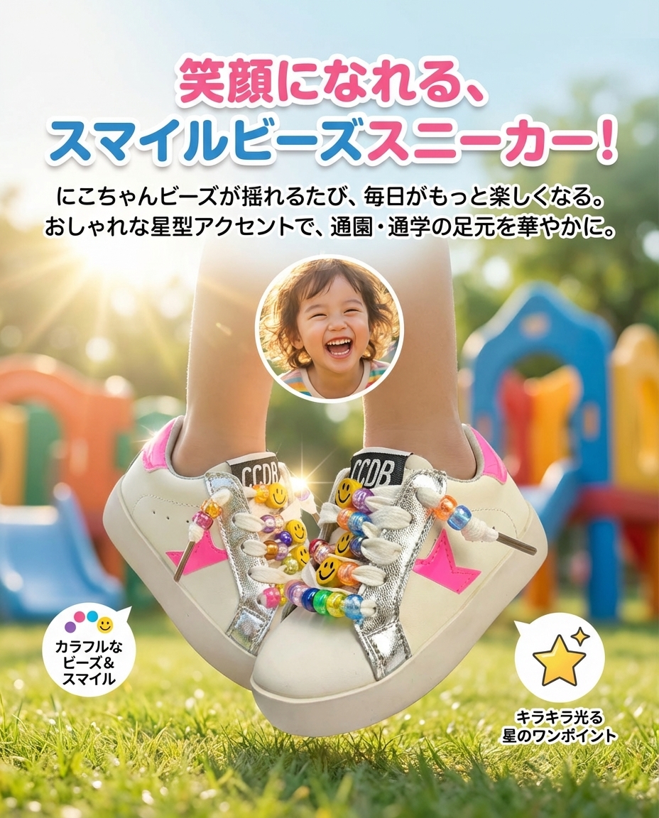 キッズファッション スマイルビーズ付きローカットスニーカー - 商品イメージ