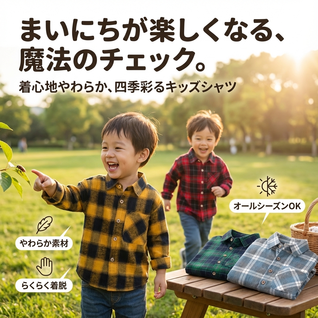 キッズファッション 男の子用チェック柄長袖シャツ - 商品イメージ