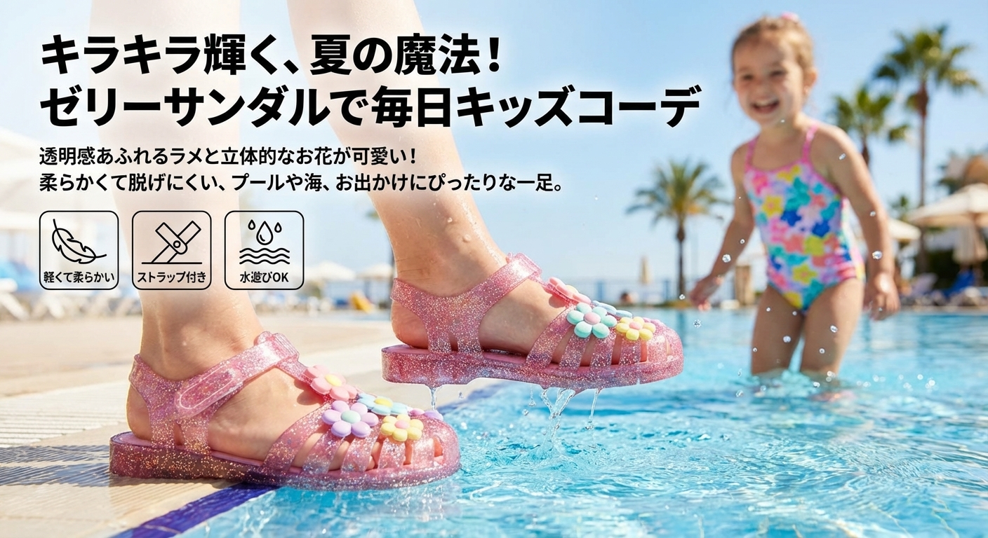 キッズファッション キラキラ花飾り付きクリアゼリーサンダル - 商品イメージ