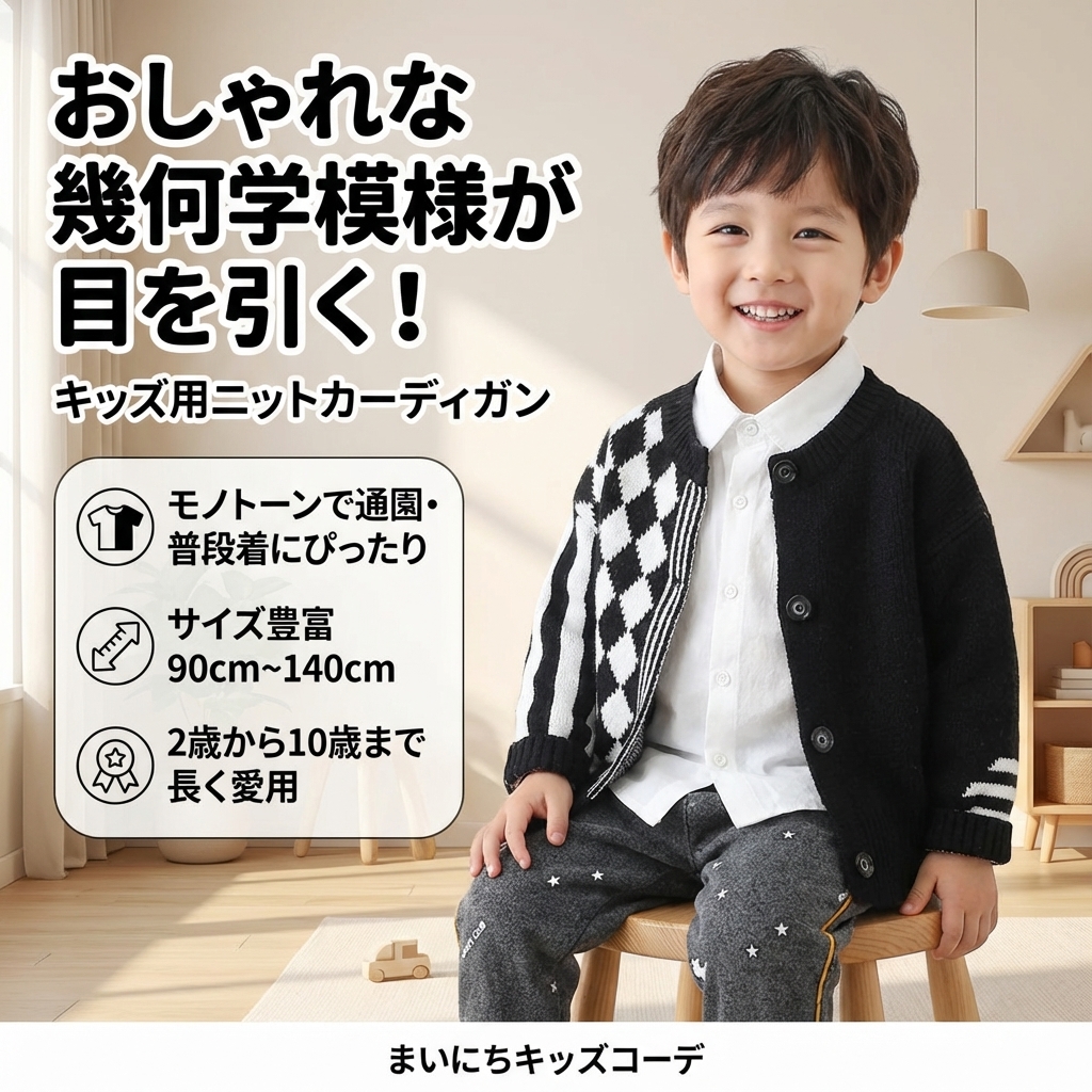 キッズファッション 子供用ニット黒白幾何学模様カーディガン - 商品イメージ