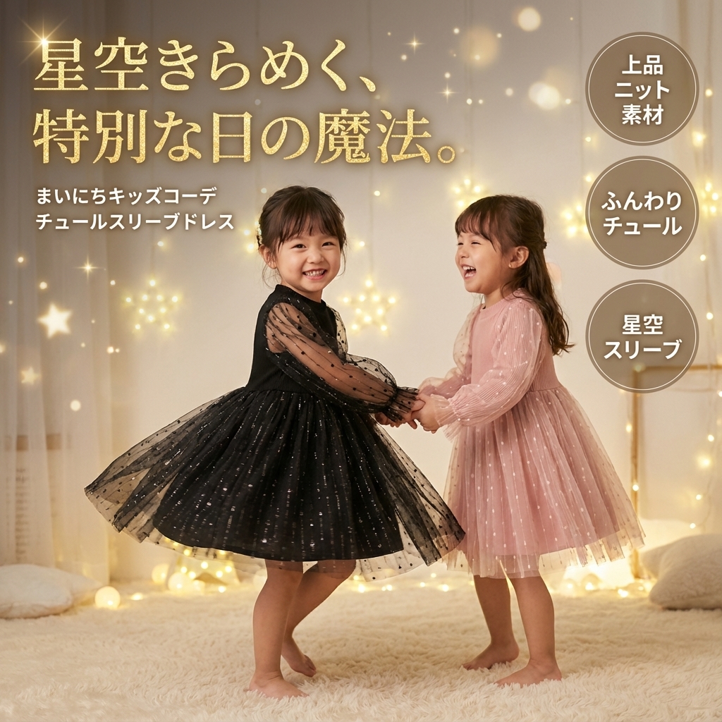 キッズファッション 星空きらめくチュールスリーブドレス - 商品イメージ