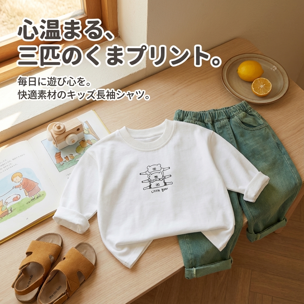 キッズファッション 小さなくま三匹重ねプリント長袖シャツ - 商品イメージ