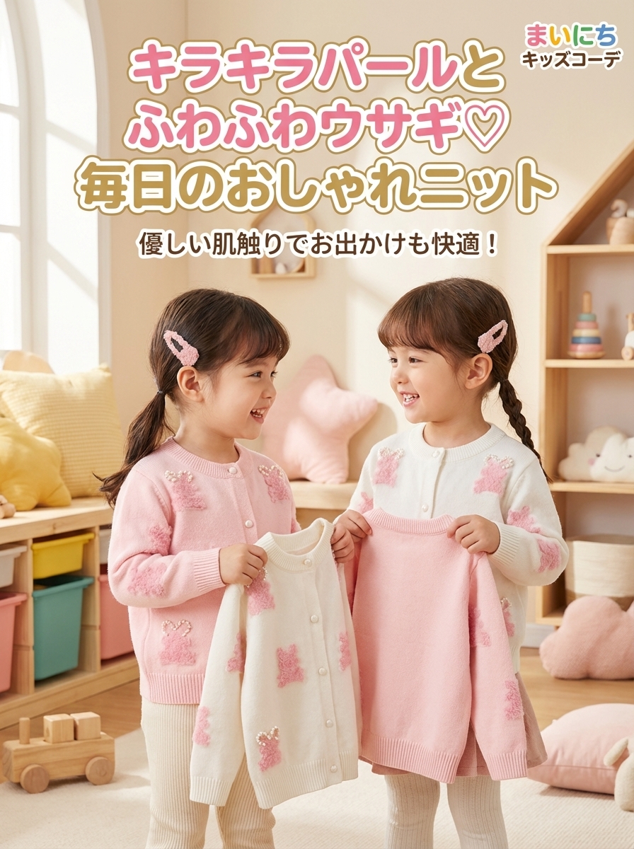 キッズファッション ウサギ刺繍パール付き丸襟ニットカーディガン - 商品イメージ