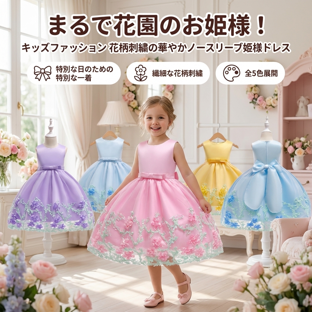 キッズファッション 花柄刺繍の華やかノースリーブ姫様ドレス - 商品イメージ