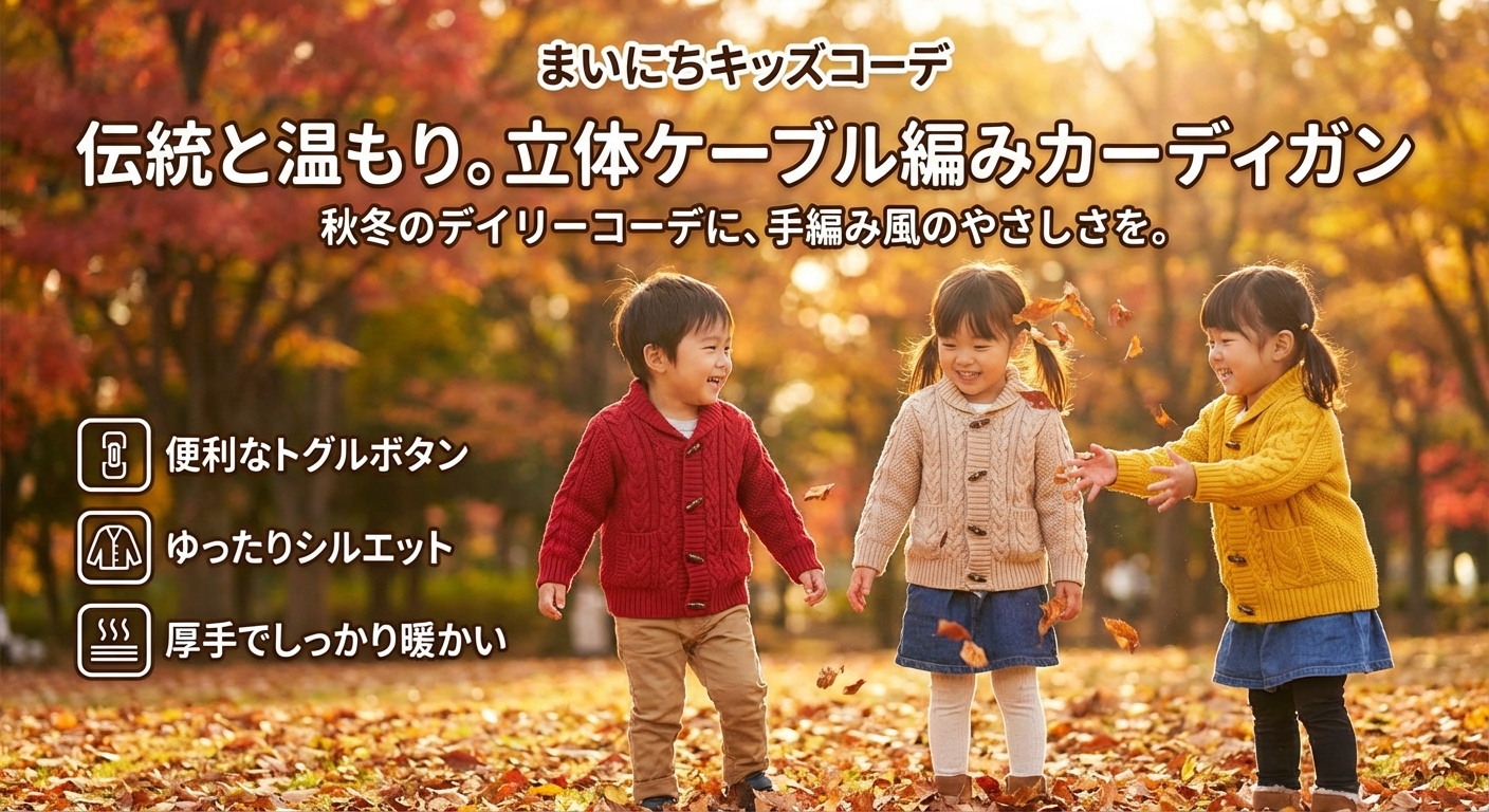 キッズファッション 立体ケーブル編みトグルボタンカーディガン - 商品イメージ