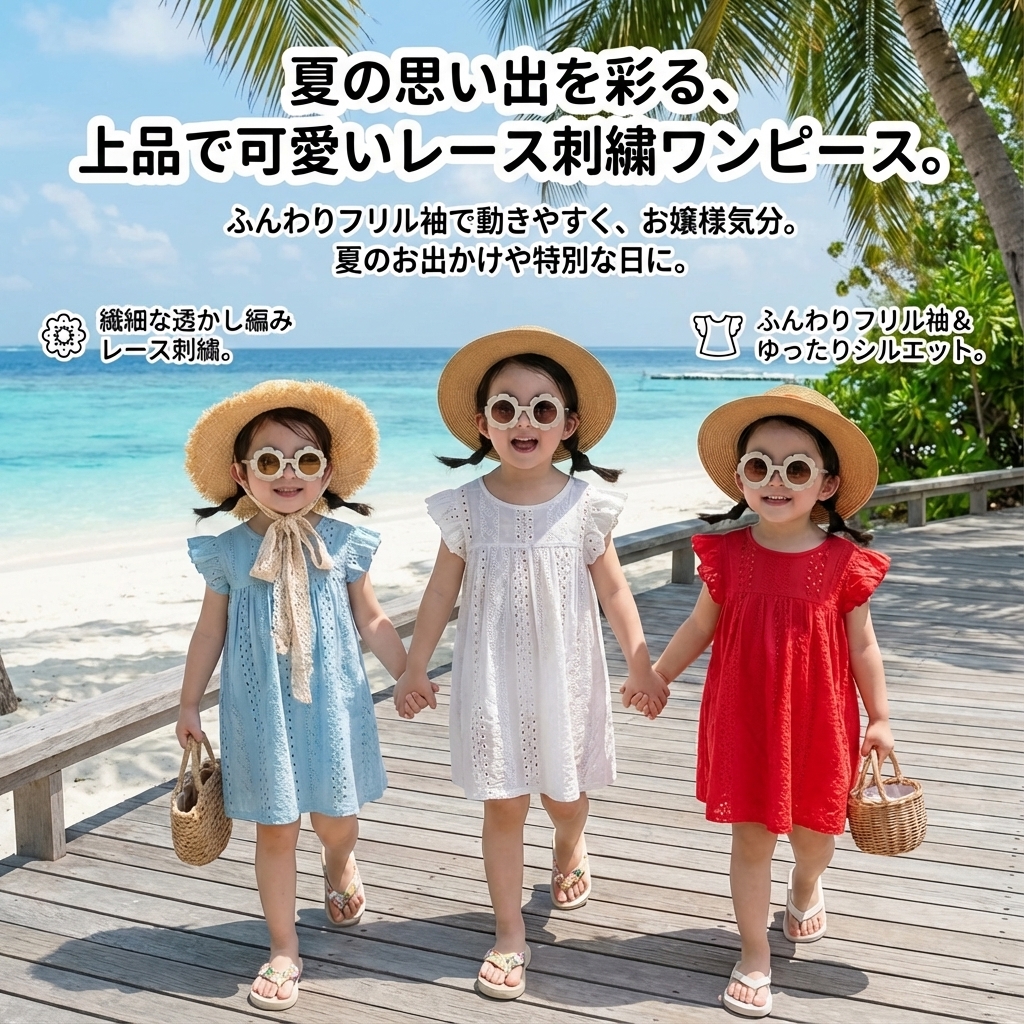 キッズファッション 透かし編みレース刺繍フリル袖女の子ワンピース - 商品イメージ