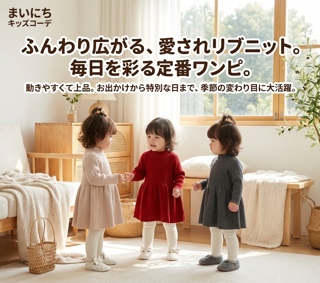 キッズファッション ふわり袖のリブニットワンピース - 商品イメージ