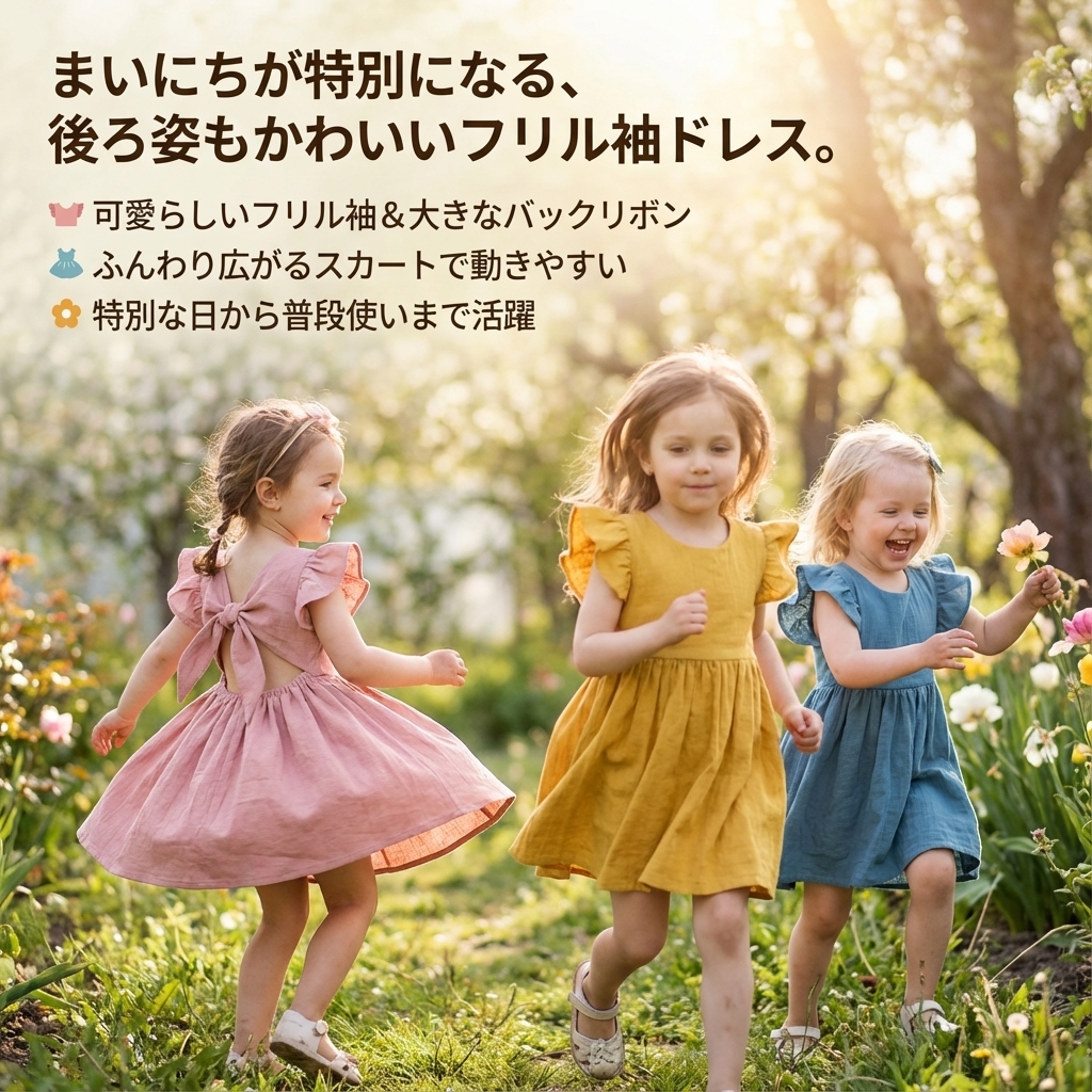 キッズファッション フリル袖バックリボンドレス - 商品イメージ