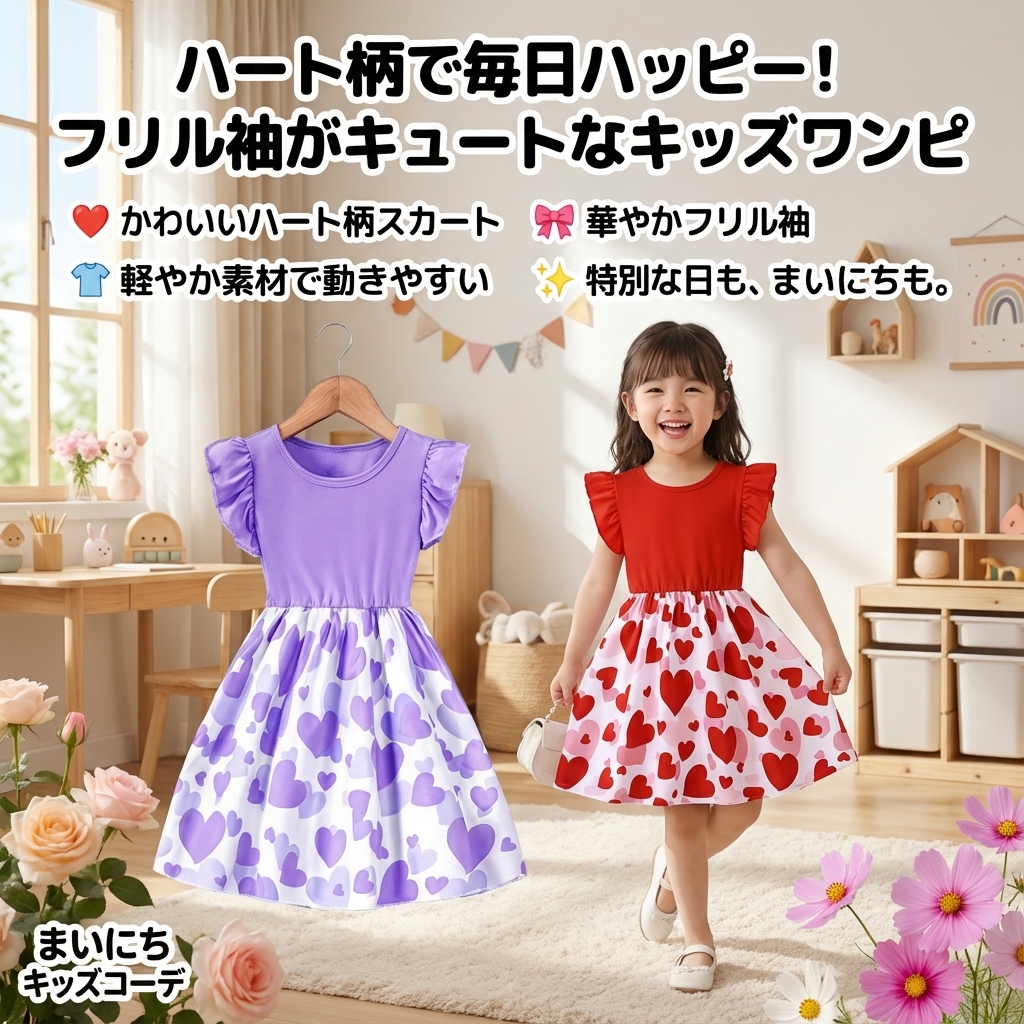キッズファッション フリル袖ハート柄切替ワンピース - 商品イメージ