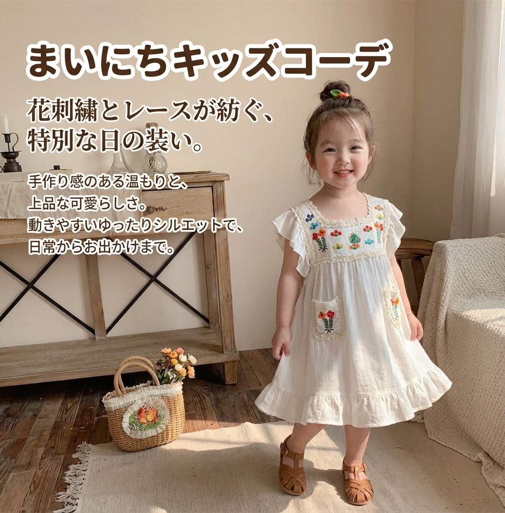 キッズファッション 花刺繍レース付きフリル袖ワンピース - 商品イメージ