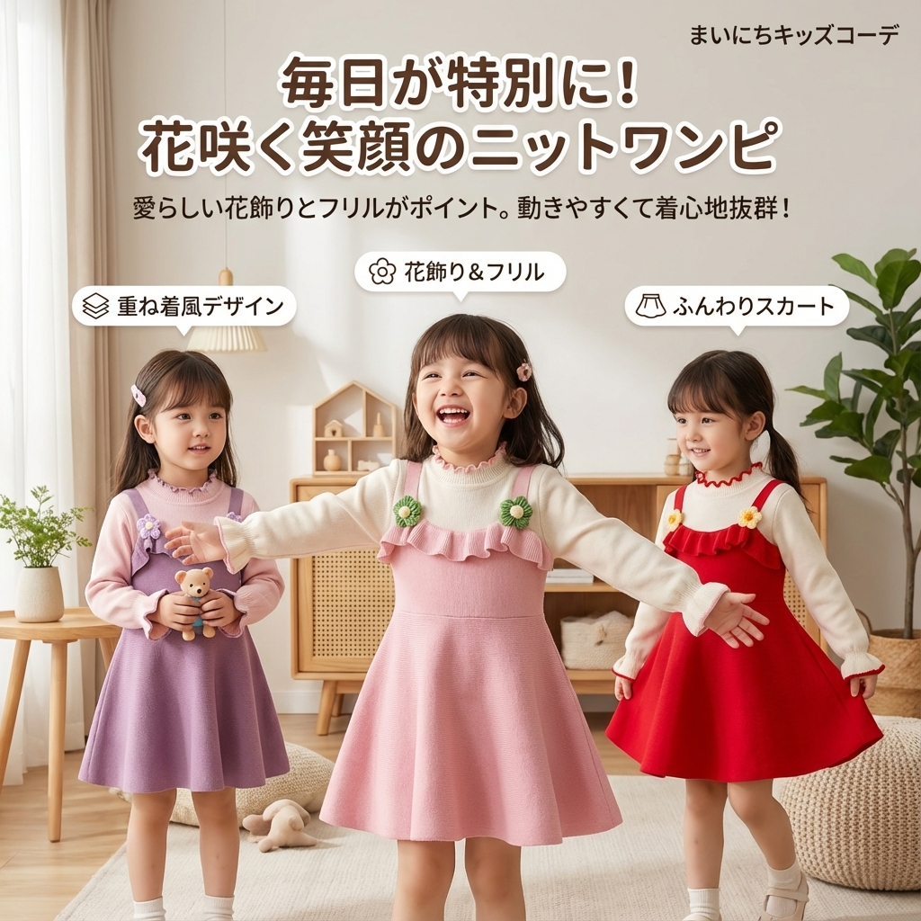 キッズファッション 花飾り付きニット重ね着風長袖ワンピース - 商品イメージ