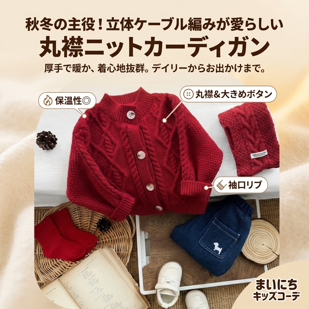 キッズファッション 立体ケーブル編み丸襟ボタン留めニットカーディガン - 商品イメージ